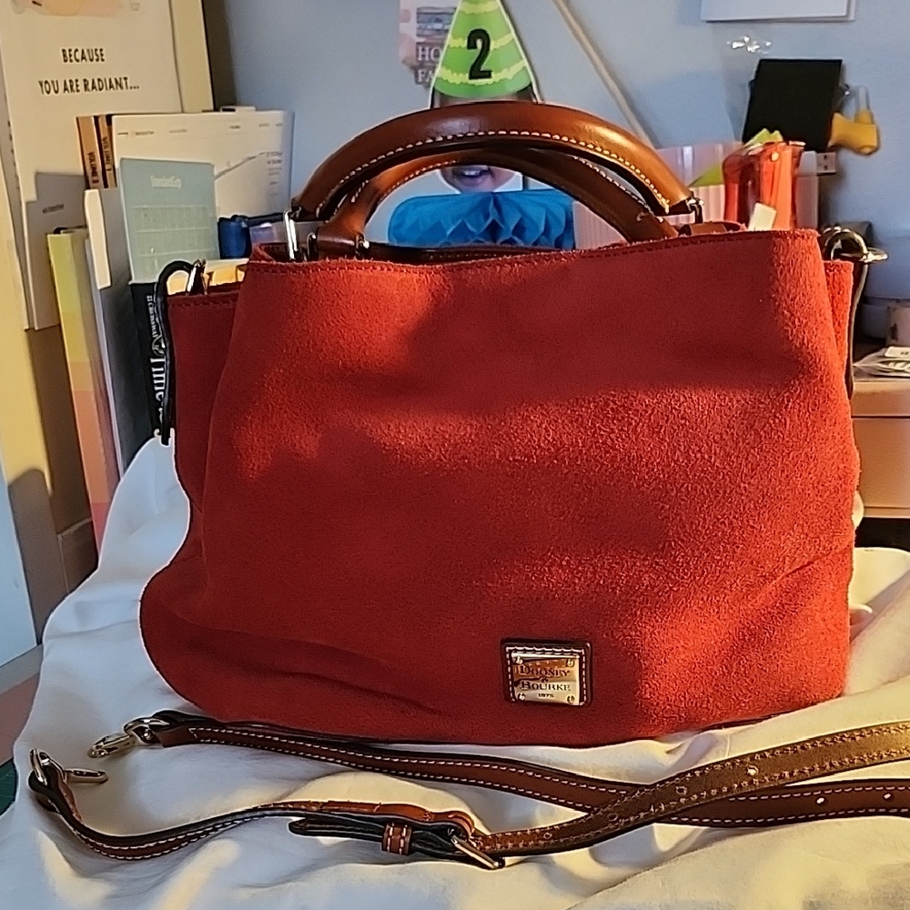 Dooney & Bourke Red Suede Tote with Brown Leather Trim